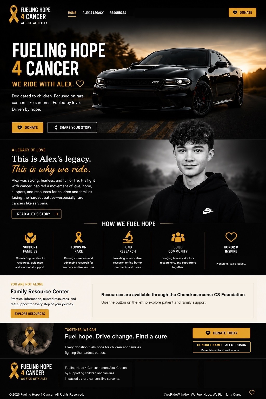 Fueling Hope 4 Cancer website design honoring Alex with donation and family resource sections.